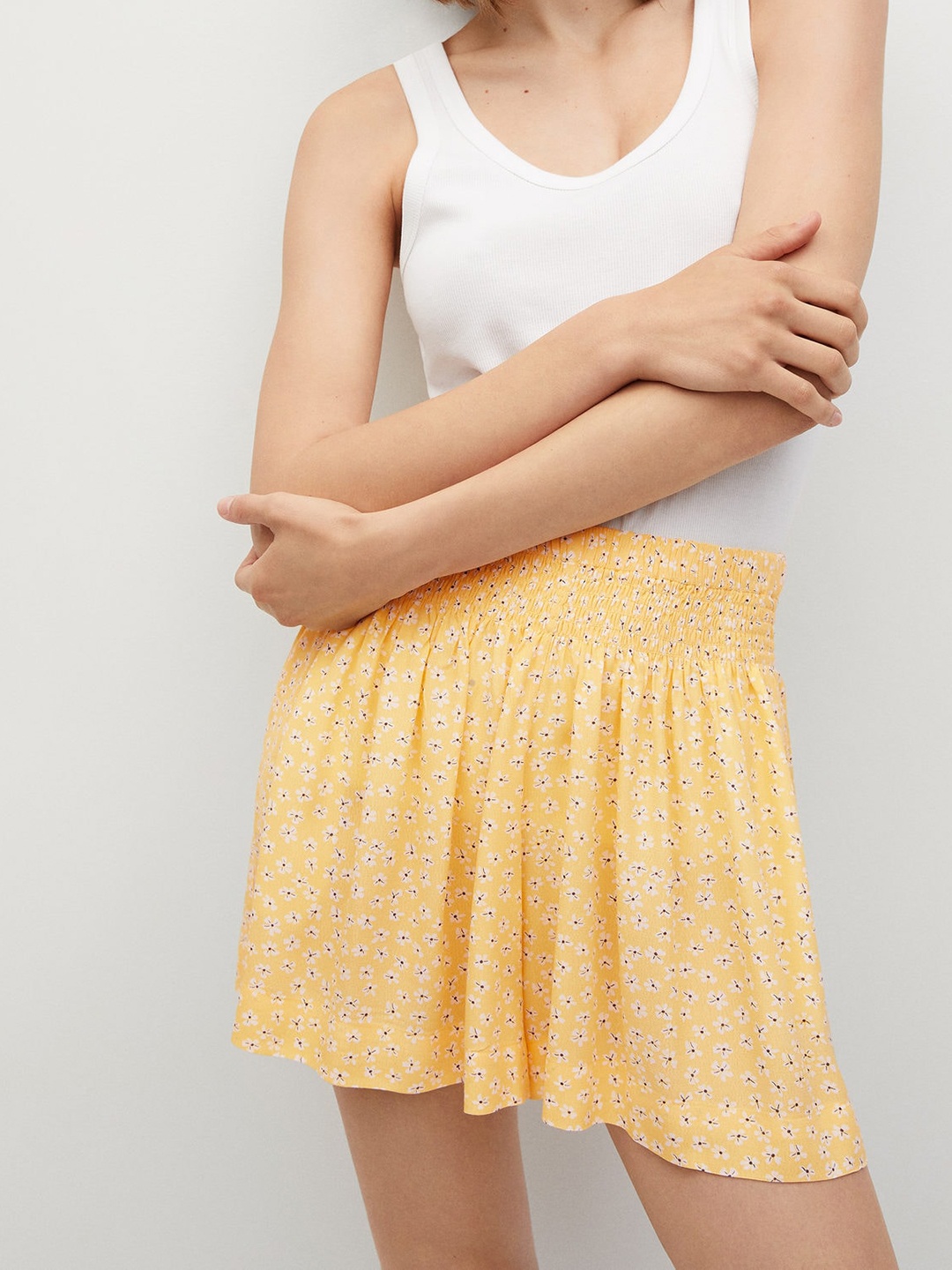 

MANGO Women Yellow Floral Printed High-Rise Regular Shorts
