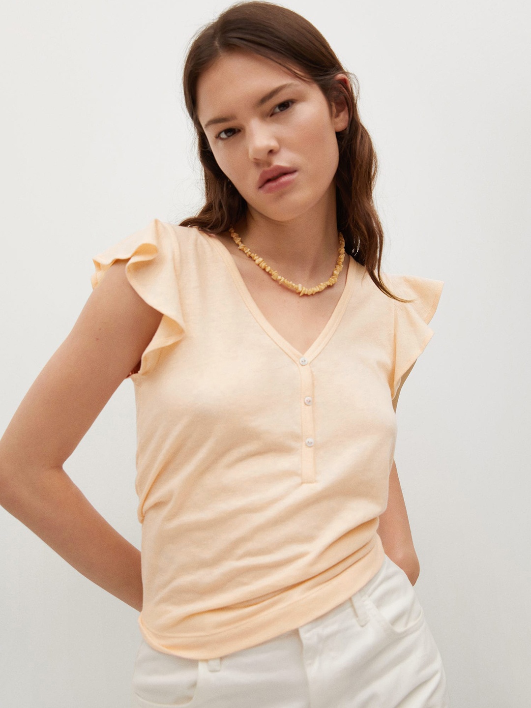 

MANGO Peach-Coloured Solid Frilled Sleeves Top