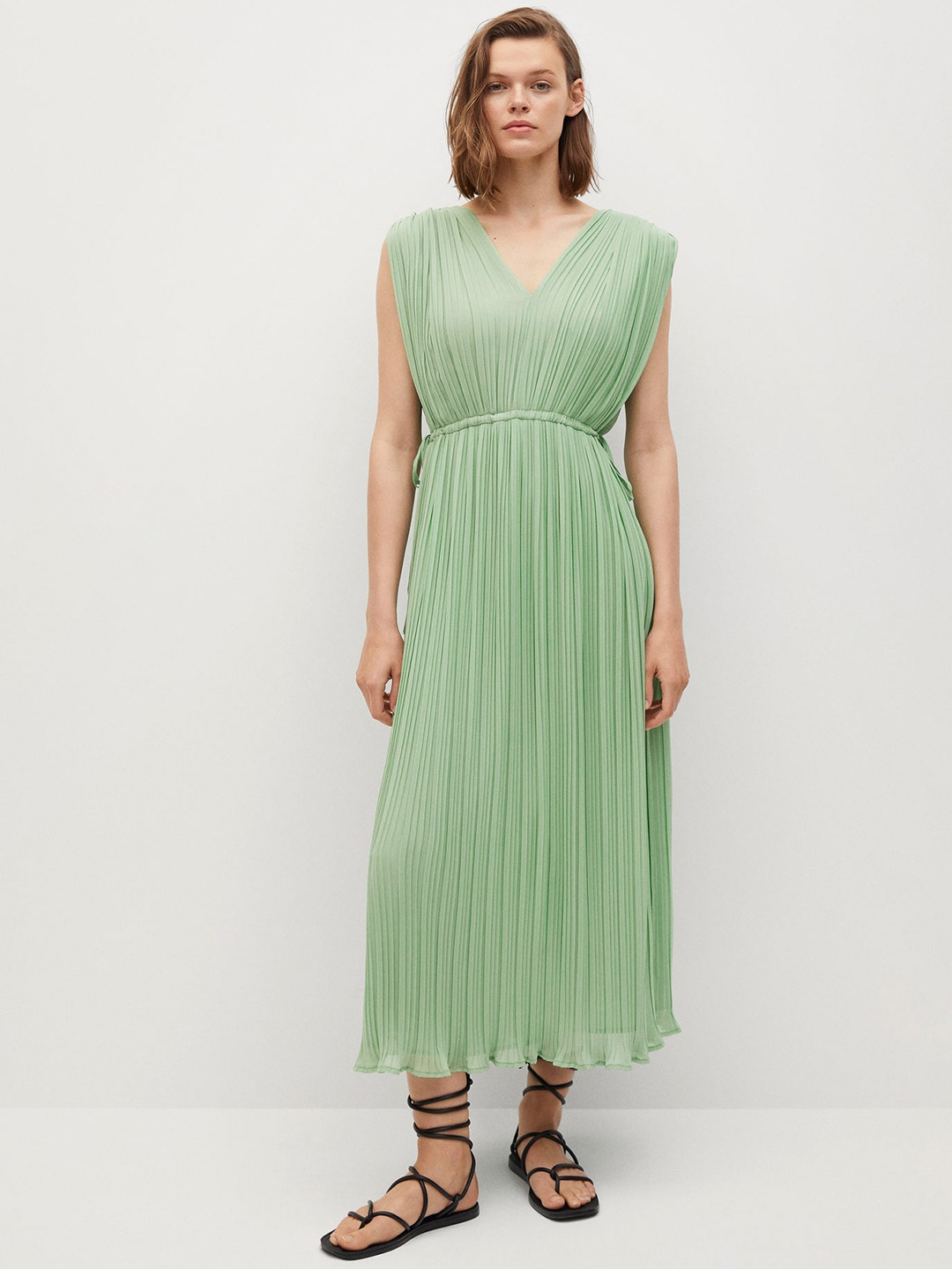 MANGO Women Mint Green Accordian Pleats Maxi Dress