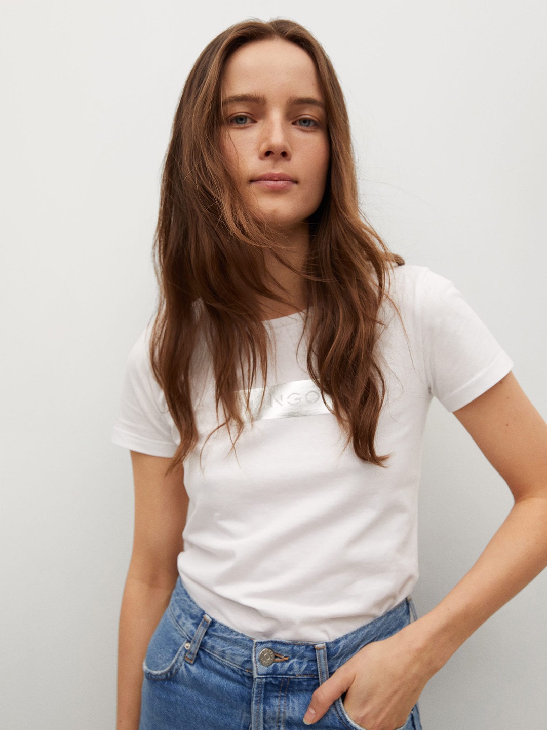 

MANGO Women White Silver Brand Logo Printed Pure Cotton T-shirt