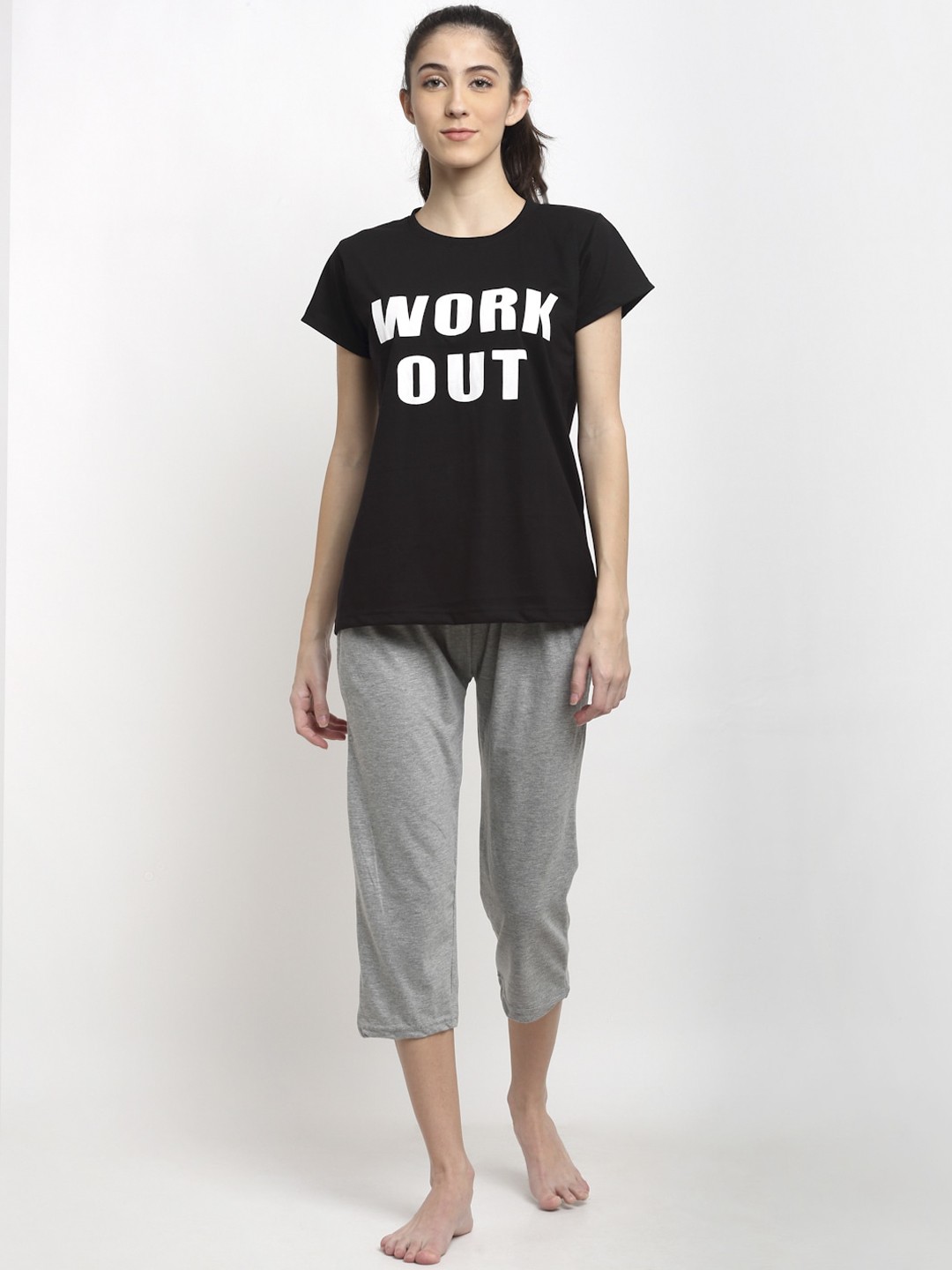 

Miaz Lifestyle Women Grey & Black Typography Printed Night Suit