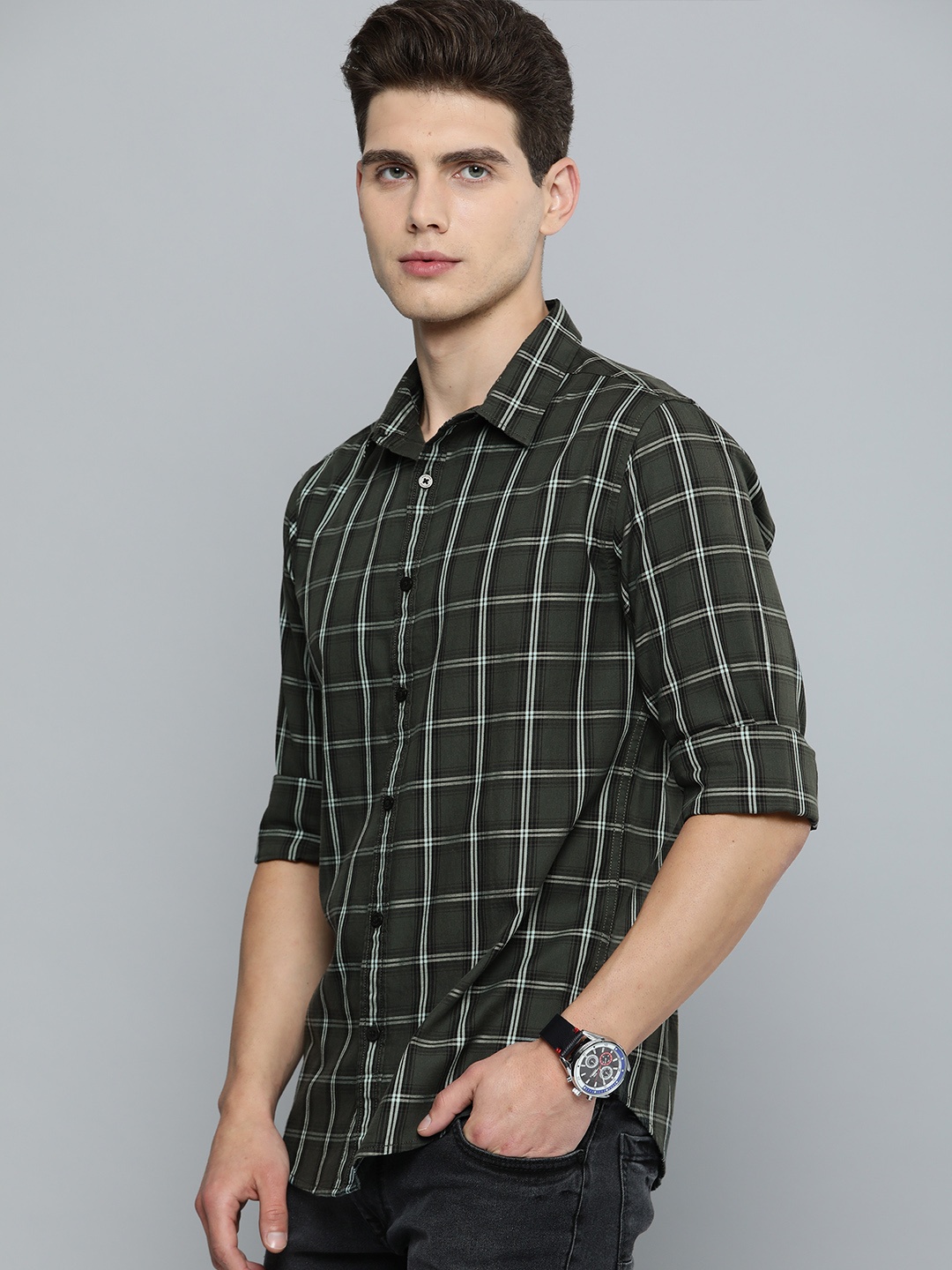 

Harvard Men Charcoal Grey Checked Pure Cotton Casual Shirt