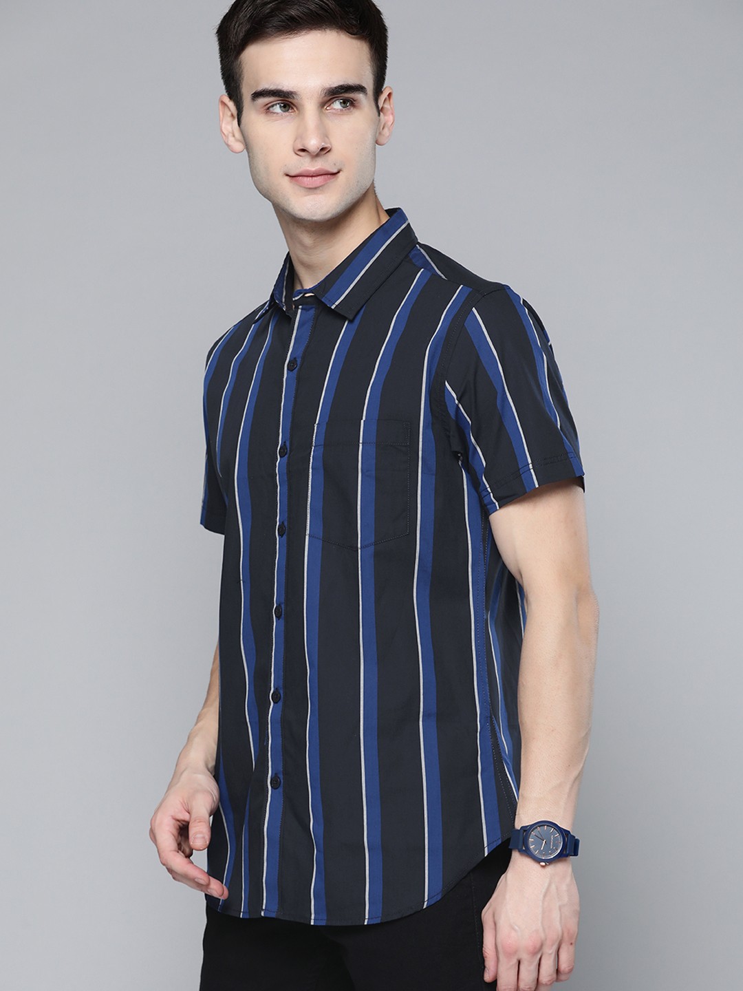 

Harvard Men Navy Blue Striped Cotton Casual Shirt