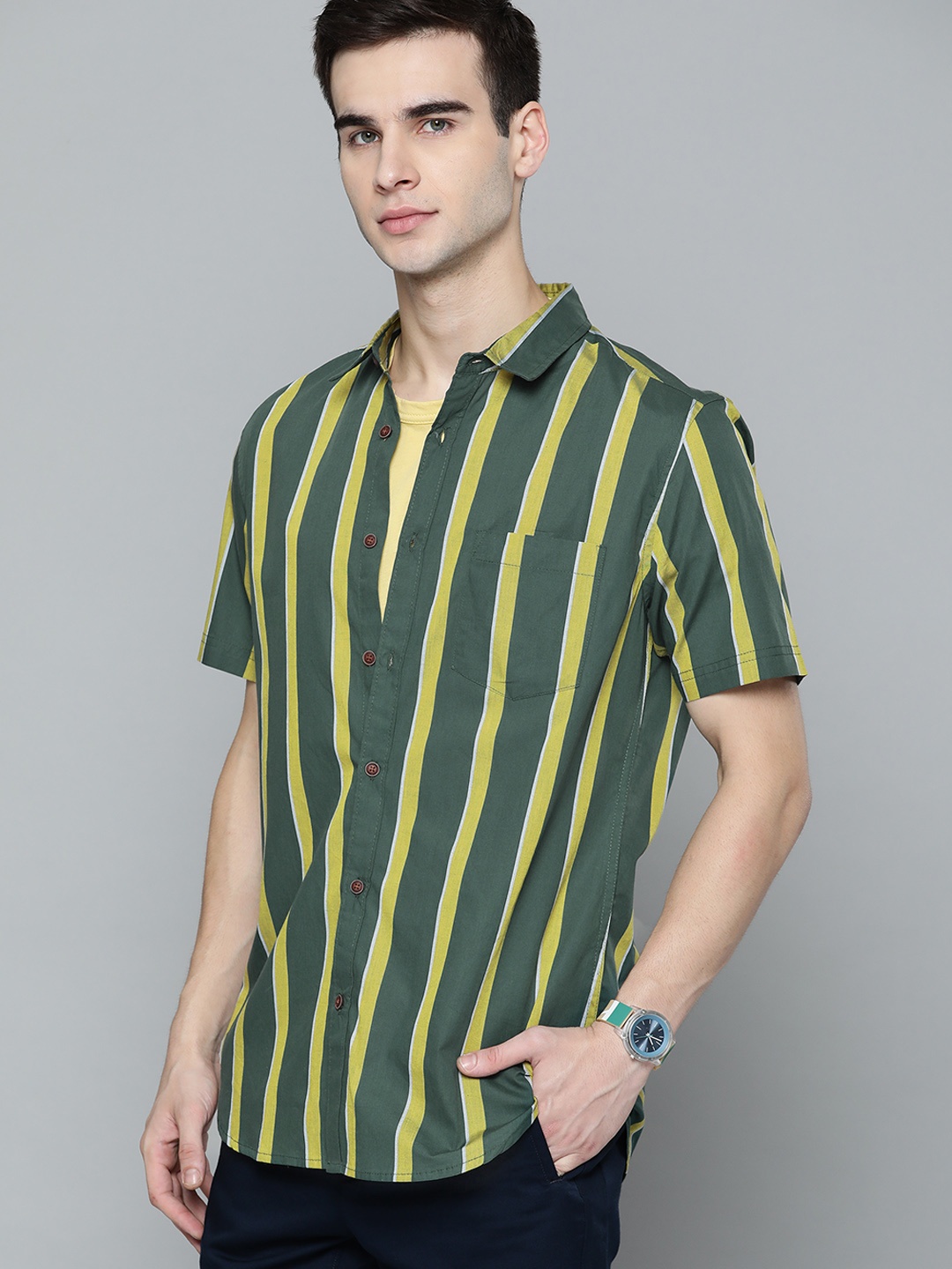 

Harvard Men Green & Yellow Striped Cotton Casual Shirt