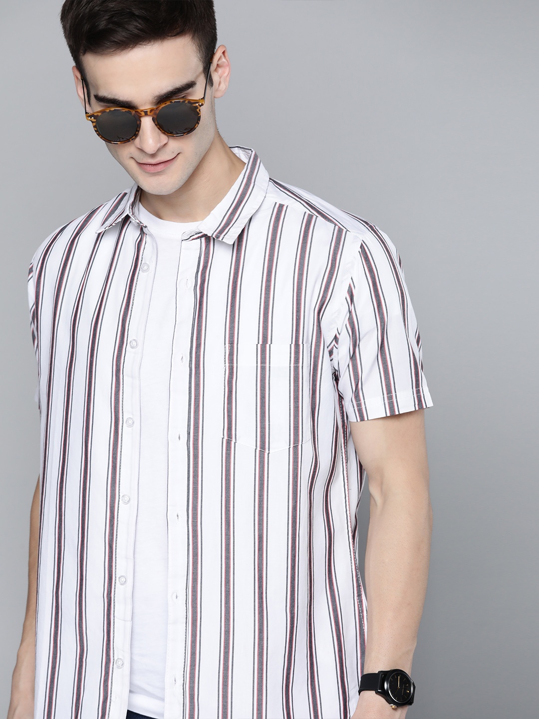 

Harvard Men White & Grey Pure Cotton Regular Fit Striped Casual Shirt