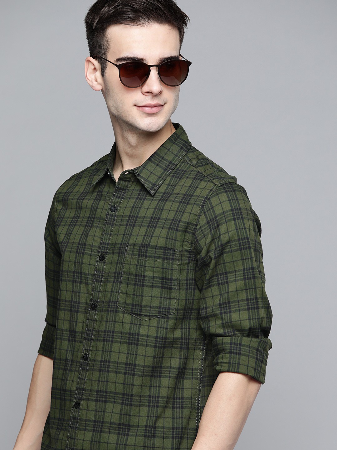

Harvard Men Green & Black Tartan Checked Cotton Pocket Casual Shirt