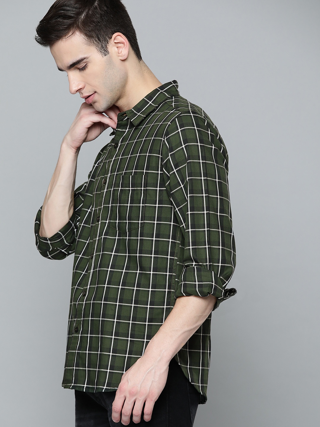 

Harvard Men Green & White Windowpane Checked Cotton Casual Shirt