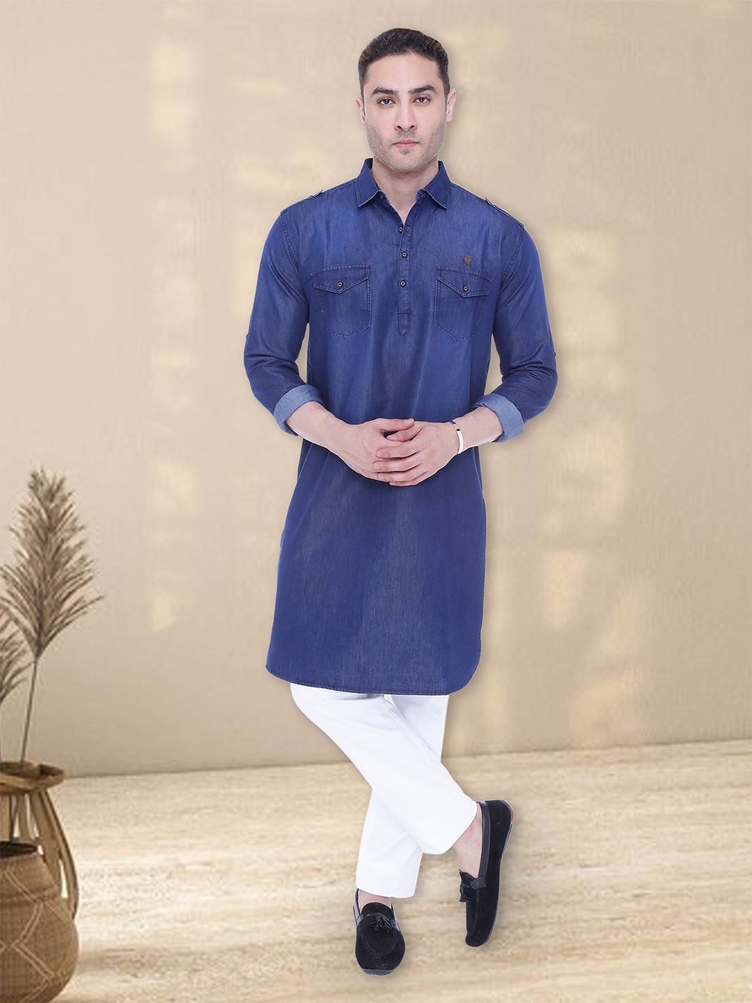 

Kuons Avenue Men Blue Denim Pathani Kurta