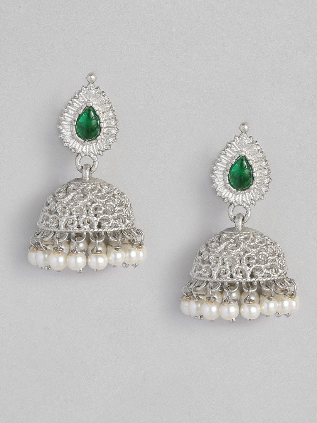 

Anouk Silver-Plated & Green Dome Shaped Jhumkas