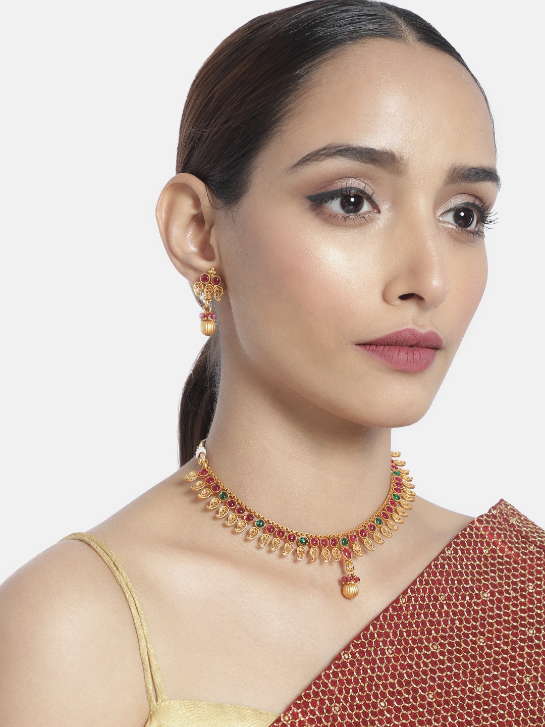 

Anouk Pink & Green Gold-Plated Beaded Paisley Shaped Jewellery Set