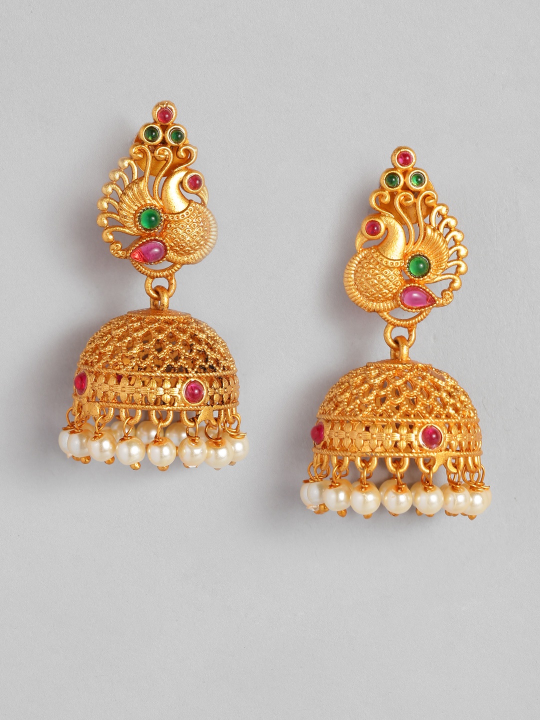 

Anouk Gold-Plated & Pink Beaded Peacock Shaped Jhumkas