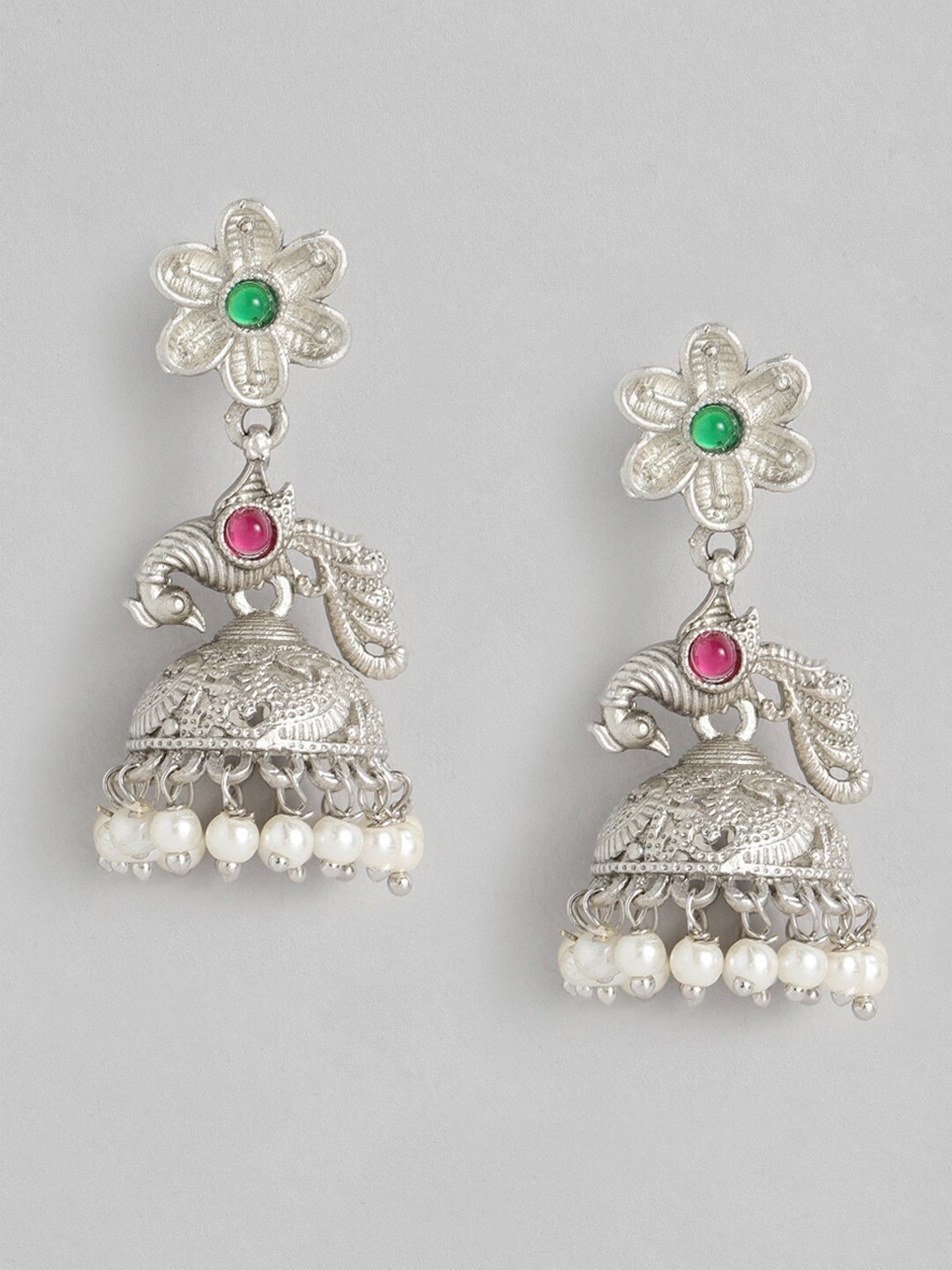 

Anouk Silver-Toned Dome Shaped Jhumkas Earrings