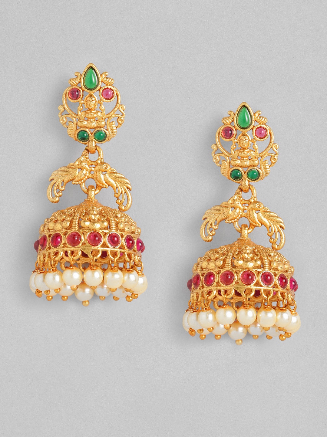 

Anouk Gold-Plated Multicoloured Dome Shaped Temple Jhumkas Earrings, Multi