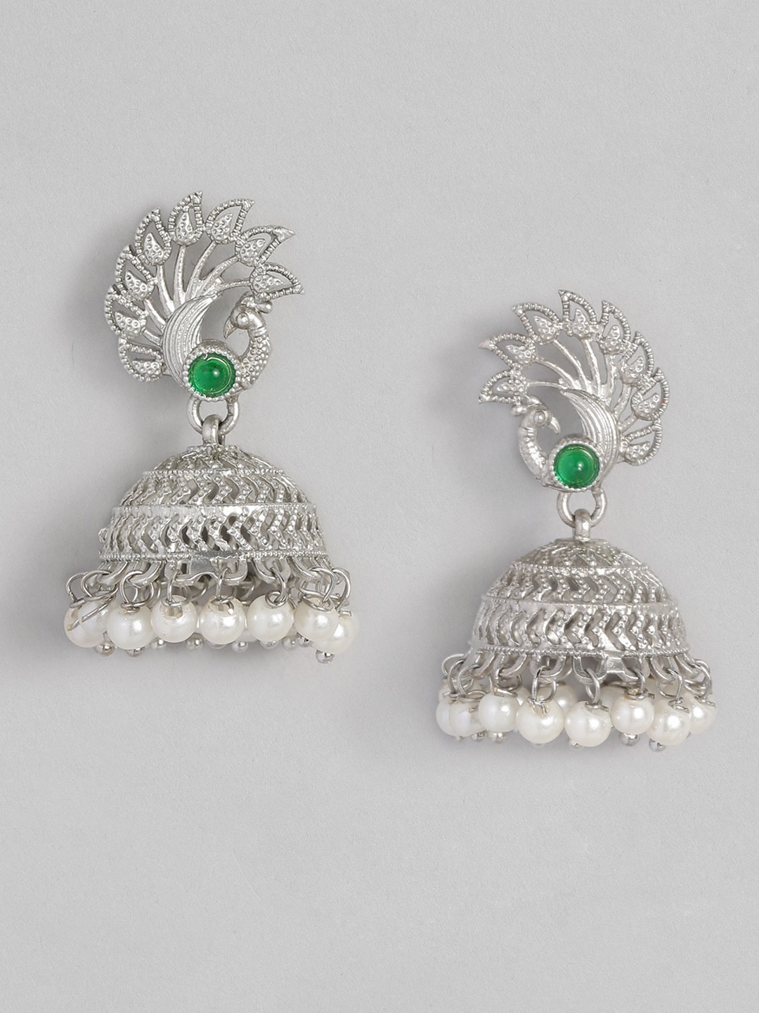 

Anouk Silver-Plated & Green Peacock Shaped Jhumkas