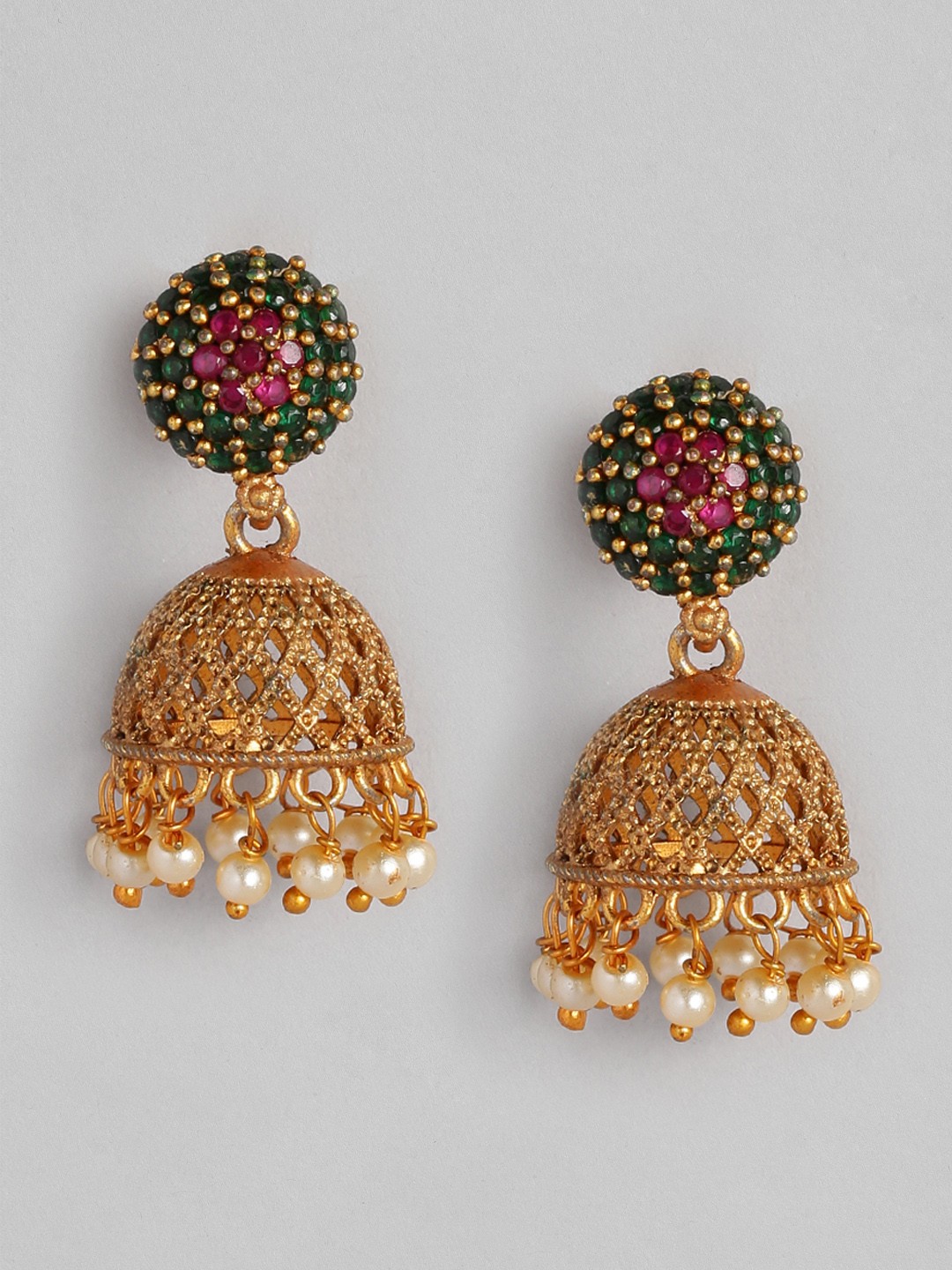 

Anouk Gold-Plated Green Dome Shaped Jhumkas Earrings