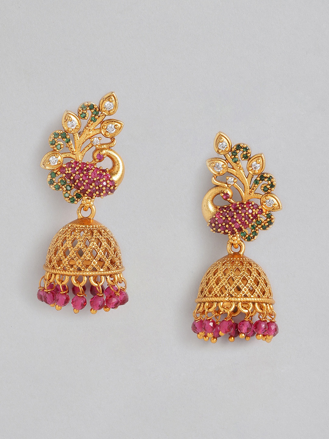 

Anouk Fuchsia & Green Gold-Plated Embellished Peacock Shaped Jhumkas