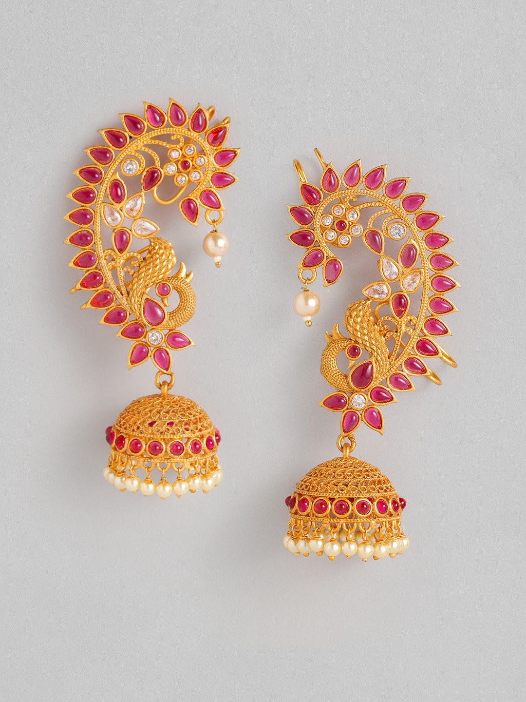 

Anouk Gold-Plated & Red Peacock Shaped Studded Jhumkas