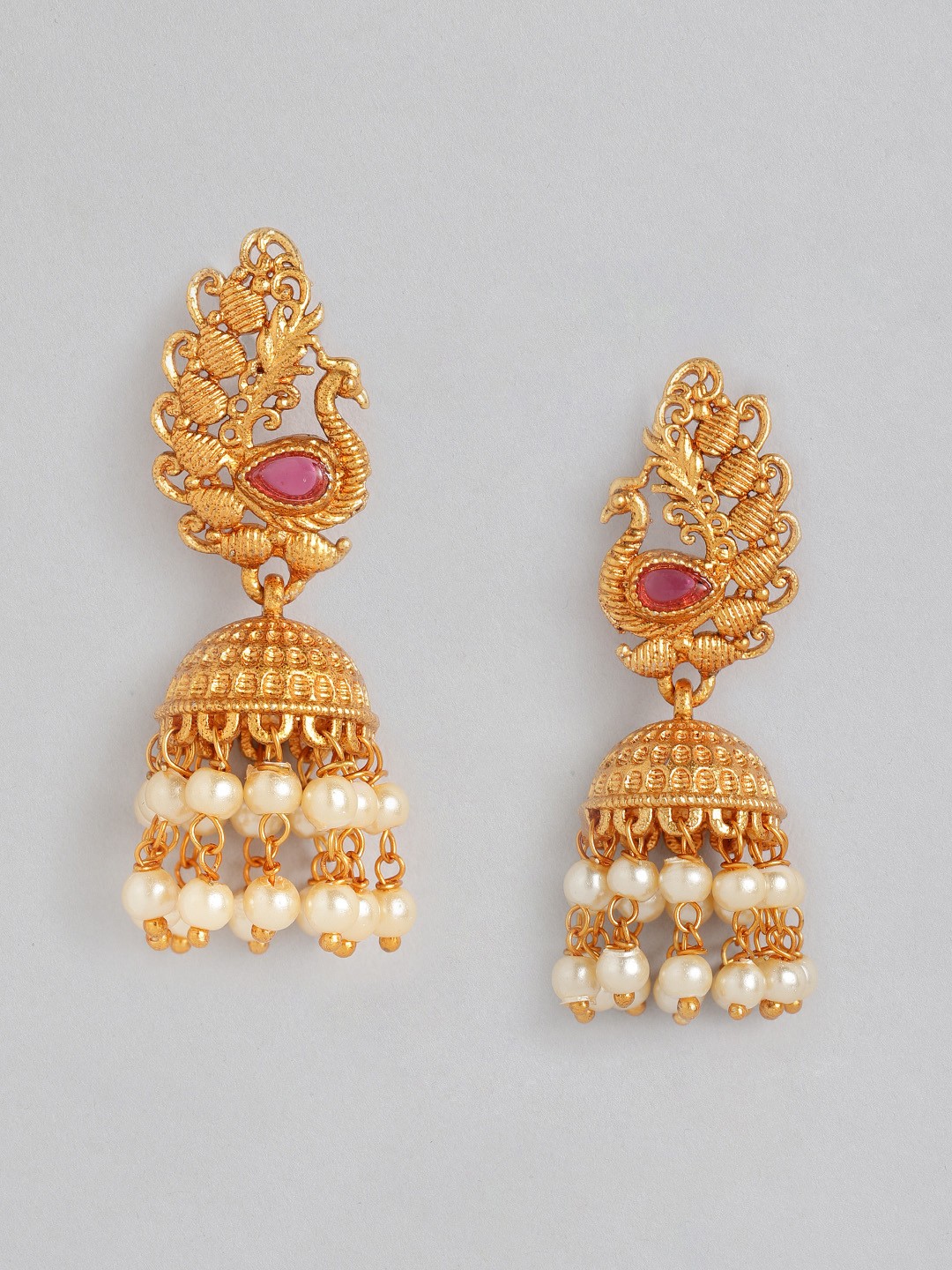 

Anouk Fuchsia & White Gold-Plated Peacock Shaped Jhumkas