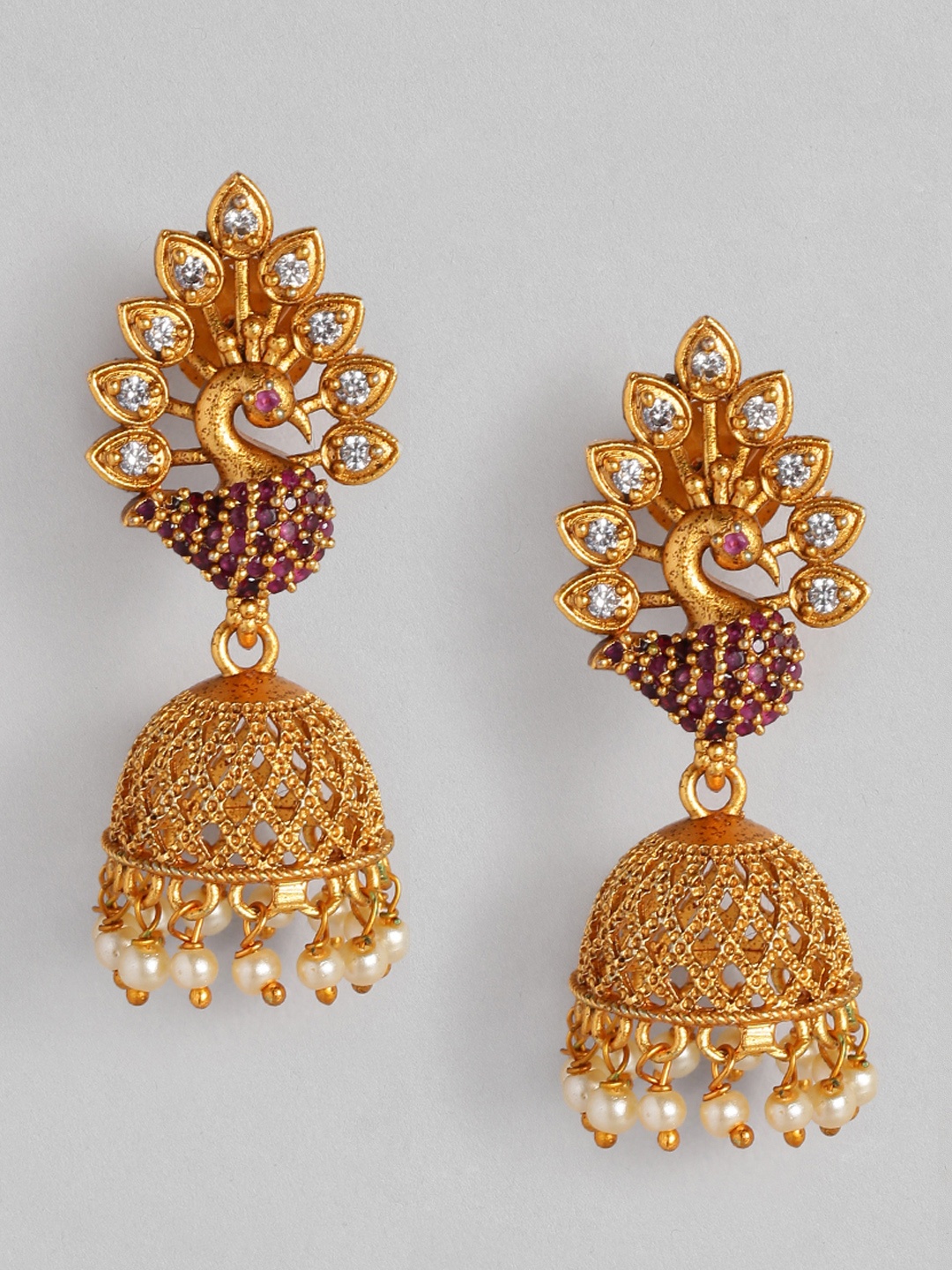 

Anouk Antique Gold-Plated & Purple Peacock Shaped Jhumkas