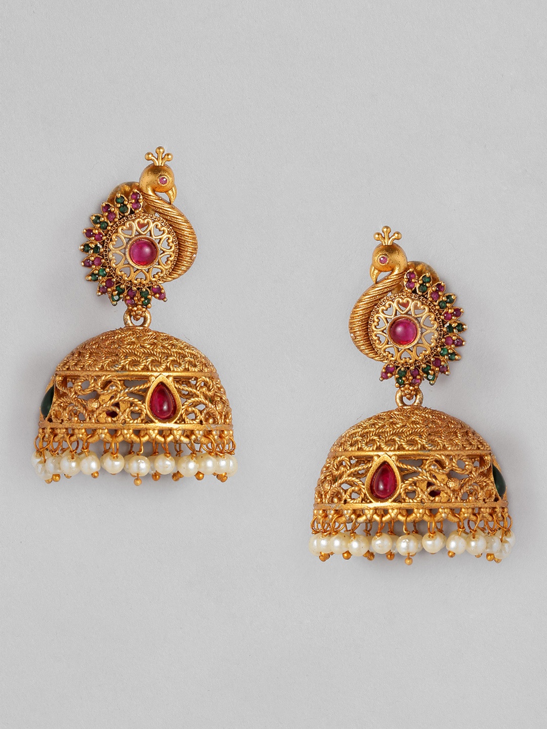 

Anouk Gold-Plated Red Peacock Shaped Jhumkas Earrings