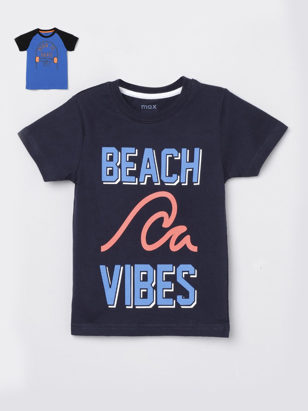 

max Boys Pack Of 2 Blue Orange Printed Pure Cotton T-shirts