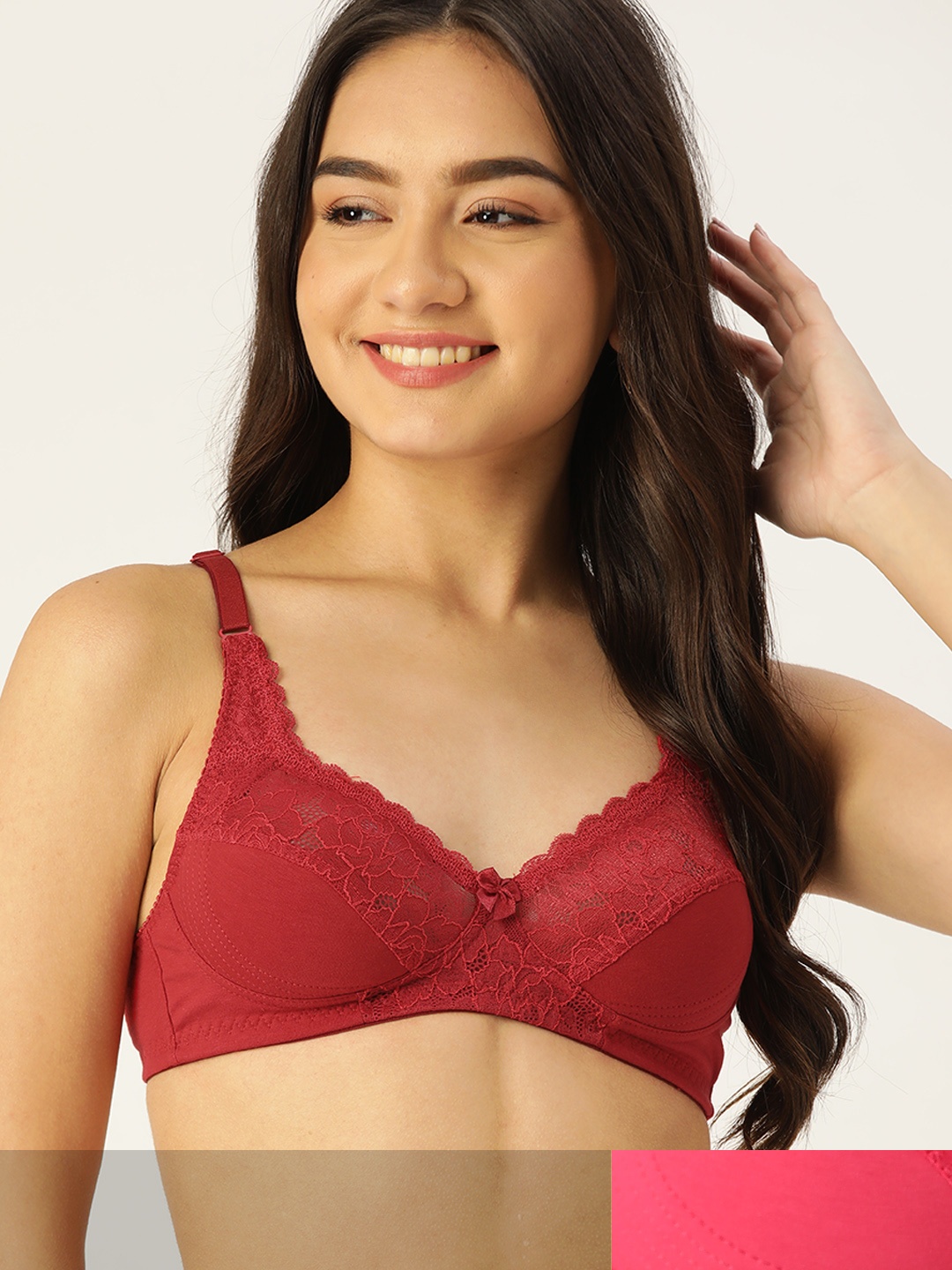 

DressBerry Pack of 2 Solid Non-Padded & Non-Wired Everyday Bras with Lace Detail, Red