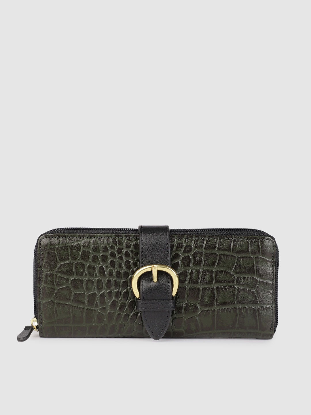 

Hidesign Women Green & Black Textured Leather Zip Around Wallet
