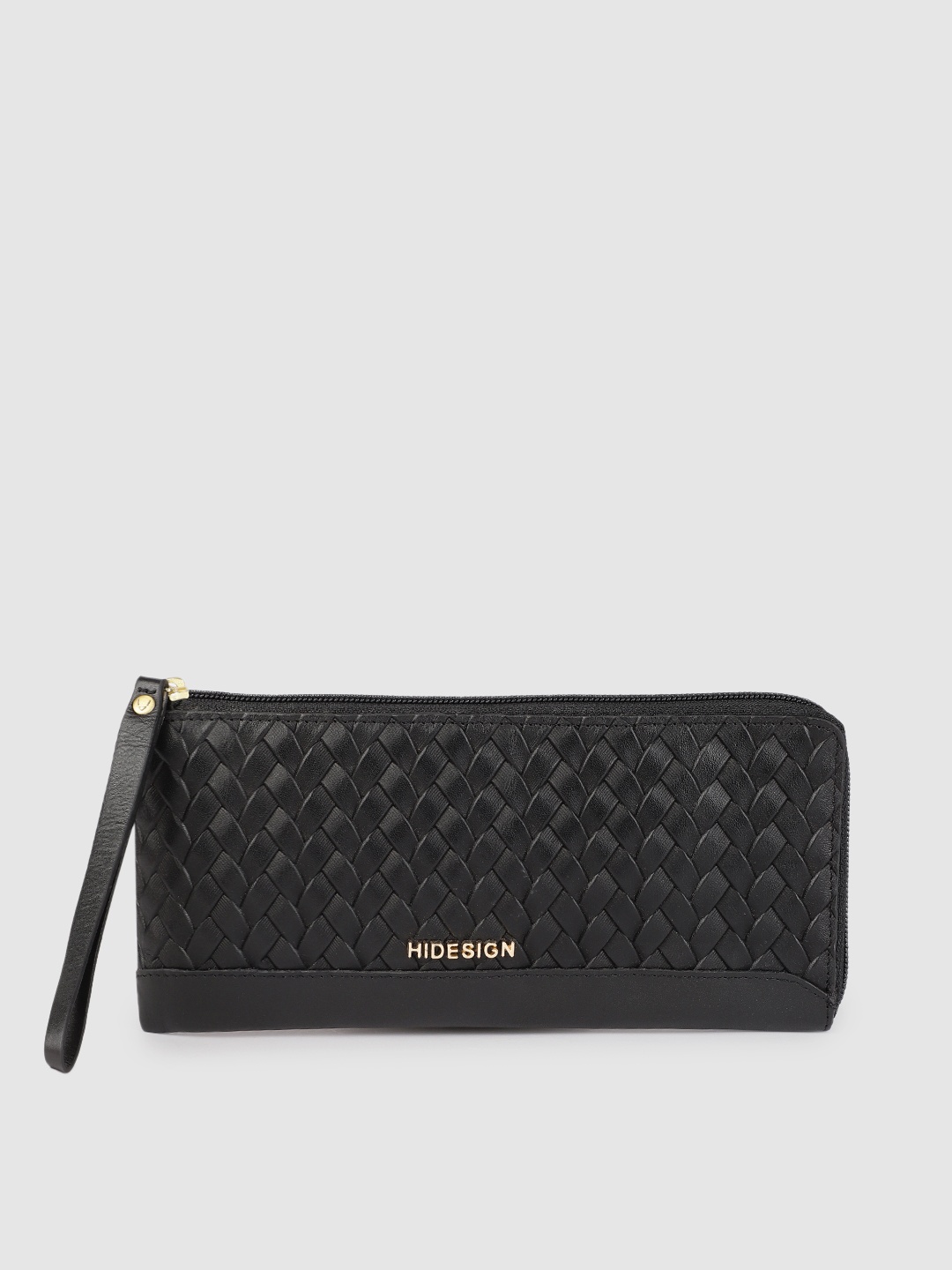 

Hidesign Women Black Woven Design Leather Zip Around Wallet