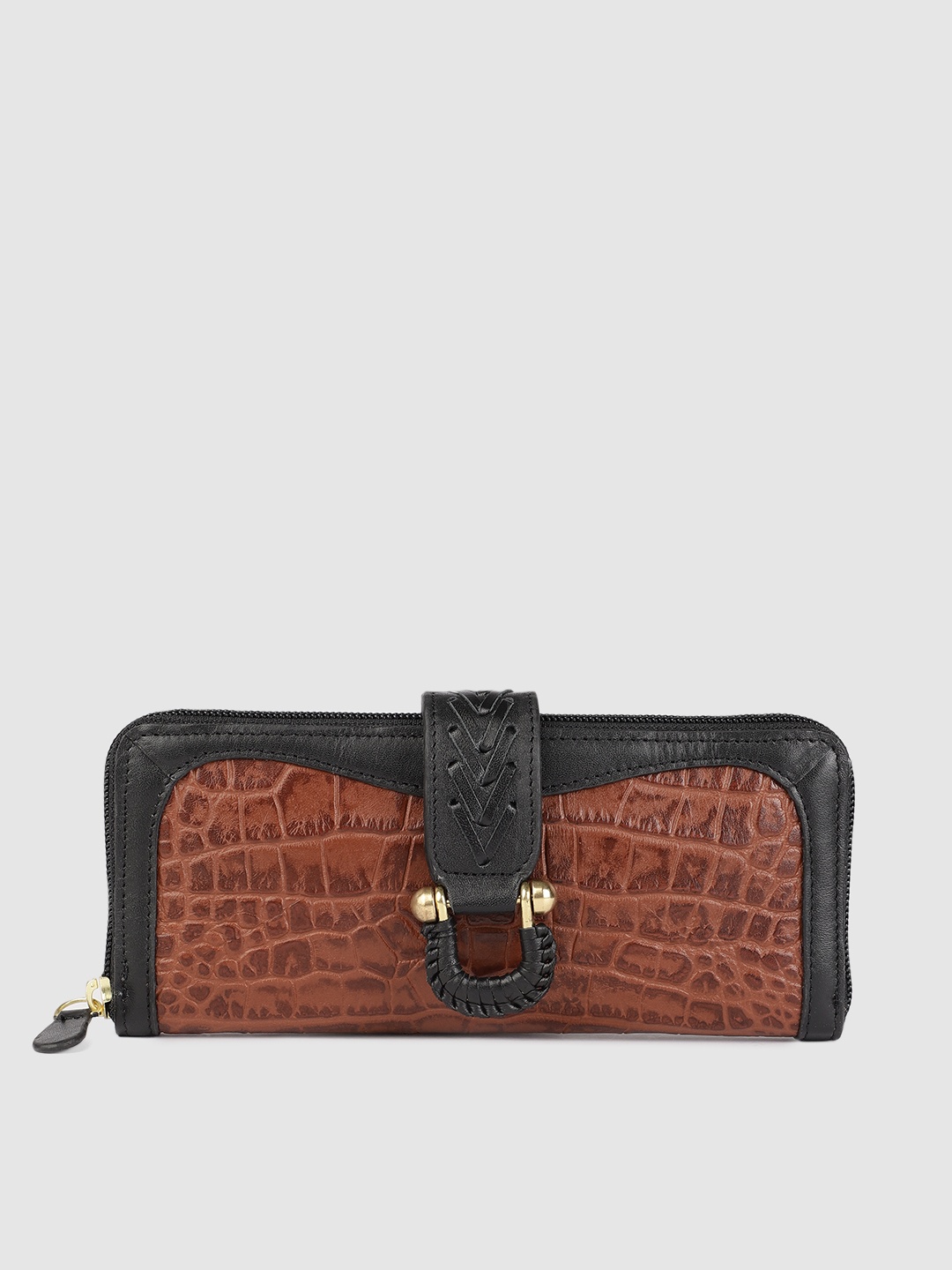 

Hidesign Women Tan Brown & Black Croc Textured Buckle Detail Leather Zip Around Wallet