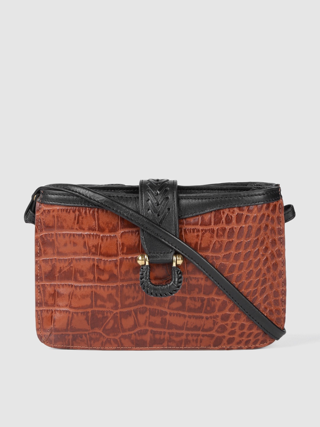 

Hidesign Tan Brown & Black Animal Textured Leather Structured Sling Bag
