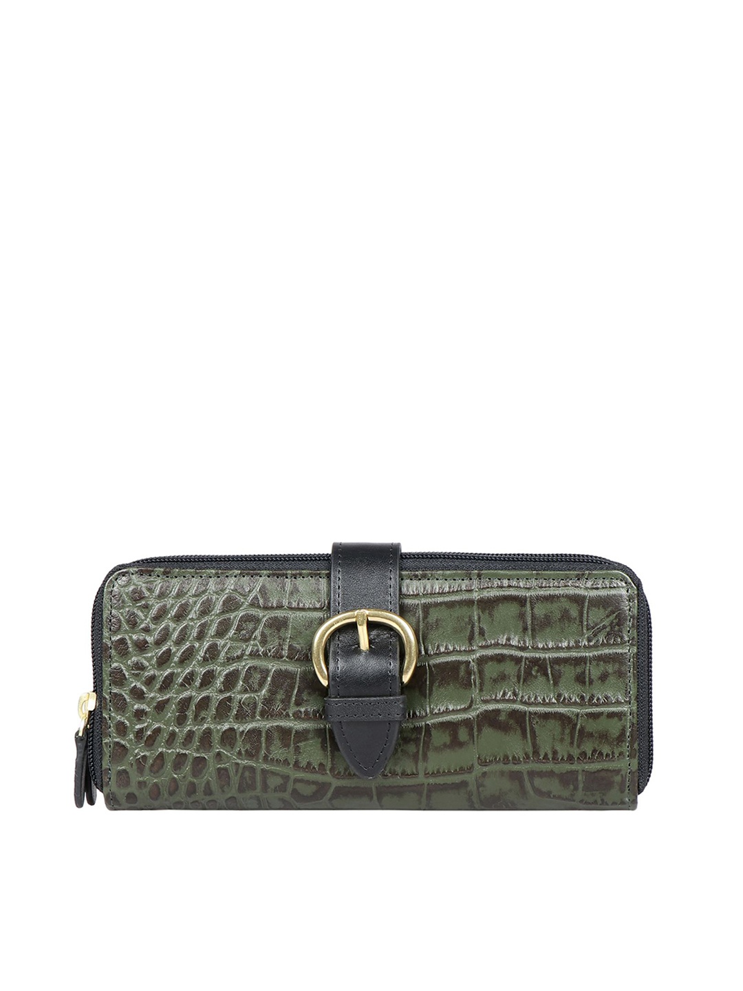 

Hidesign Women Green Croc Textured Buckle Detail Leather Zip Around Wallet