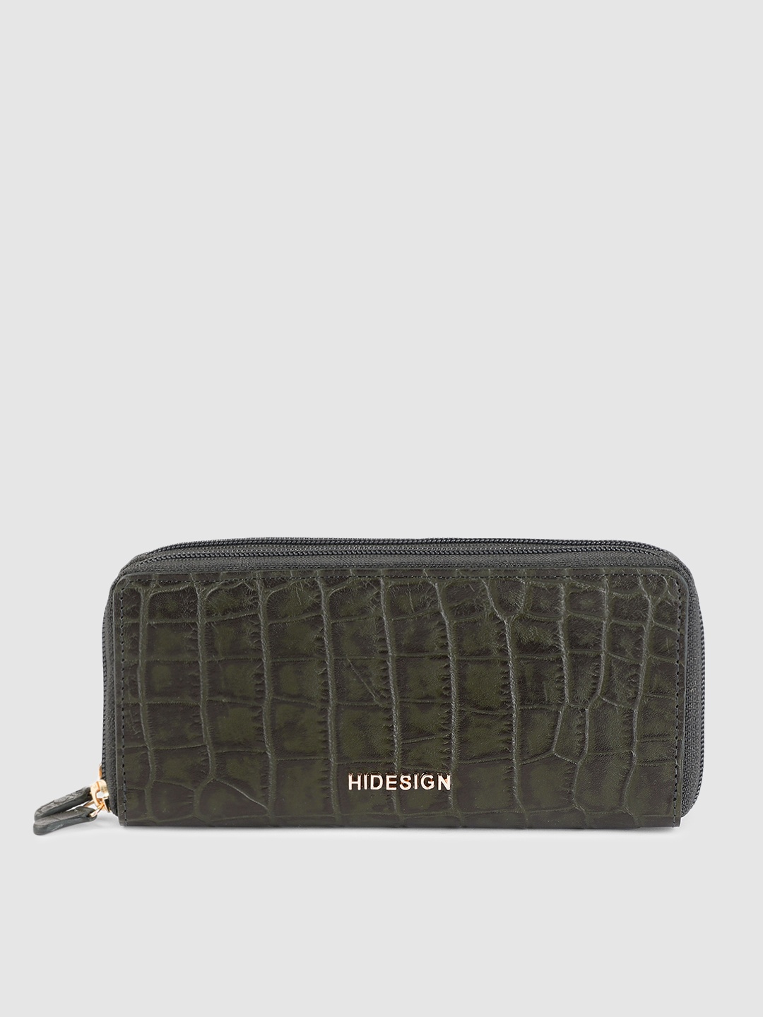 

Hidesign Women Green Croc Textured Leather Zip Around Wallet