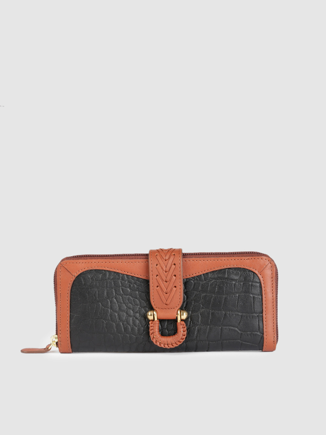

Hidesign Women Black & Brown Textured Leather Zip Around Wallet