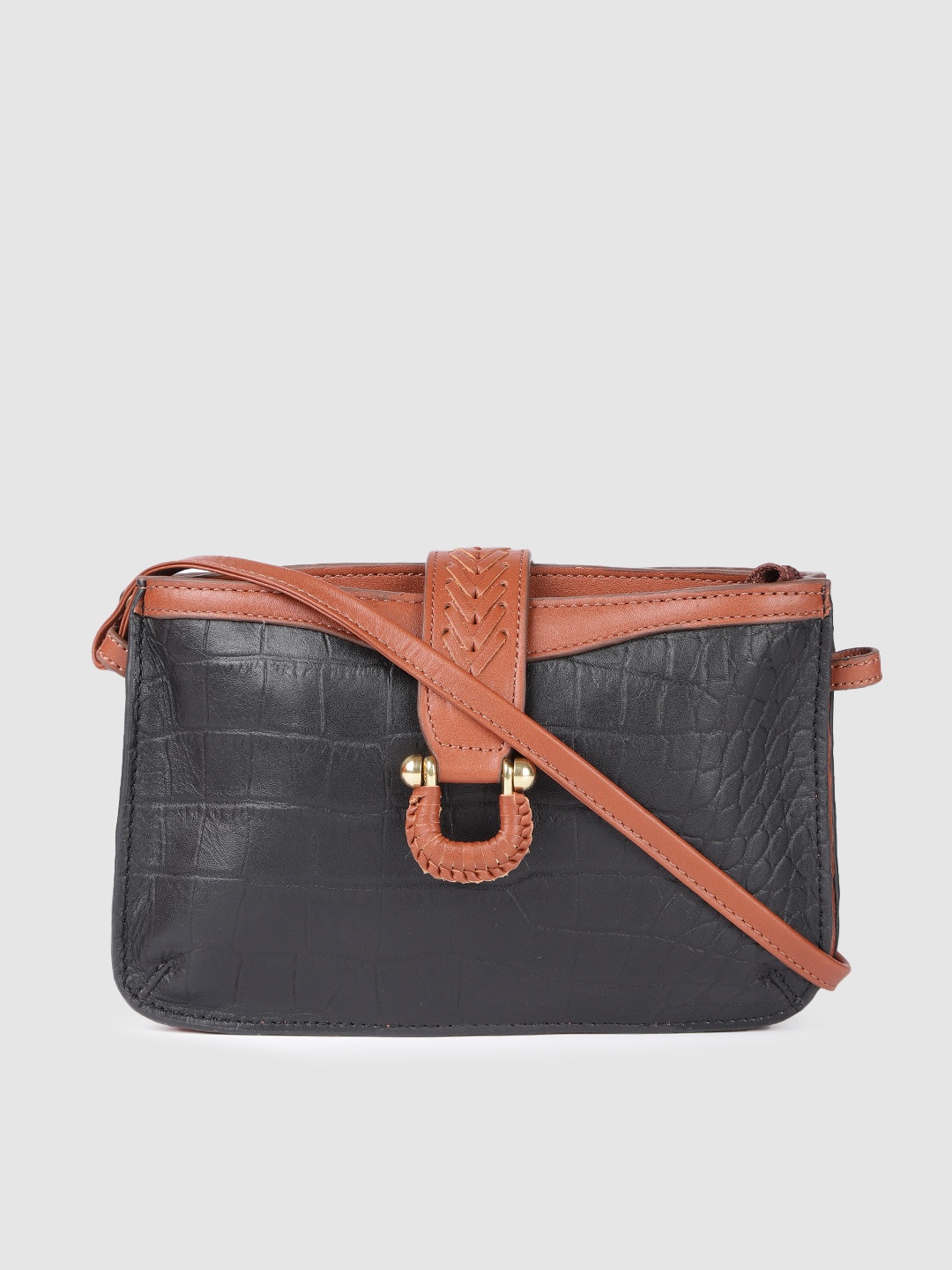 

Hidesign Black & Tan Brown Animal Textured Leather Structured Sling Bag