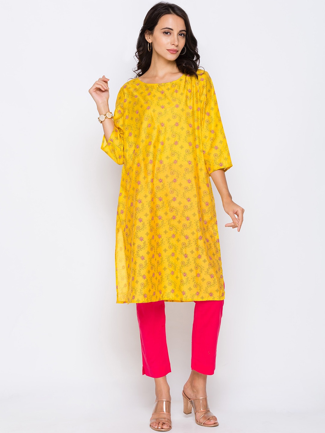 

Globus Women Yellow & Pink Ethnic Motifs Printed Assorted Cotton Kurta