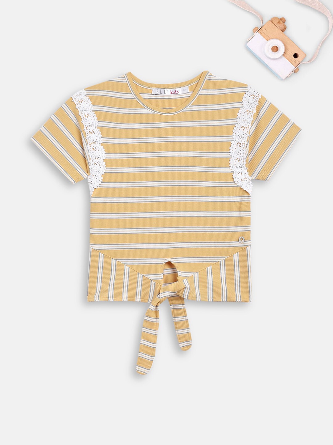 

ELLE Girls Yellow & White Striped T-shirt With Tie-Up