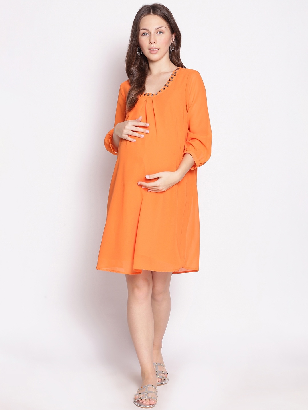 

Oxolloxo Women Orange Embellished Satin Maternity Dress