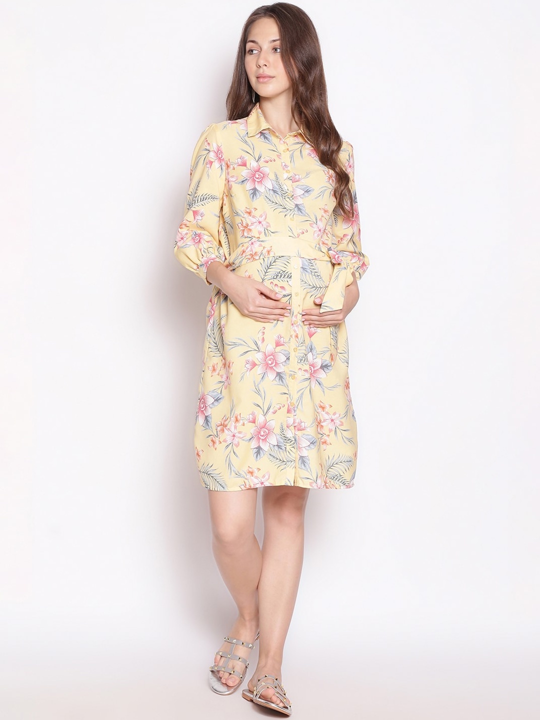 

Oxolloxo Women Yellow & Pink Floral Printed Satin Maternity Shirt Dress
