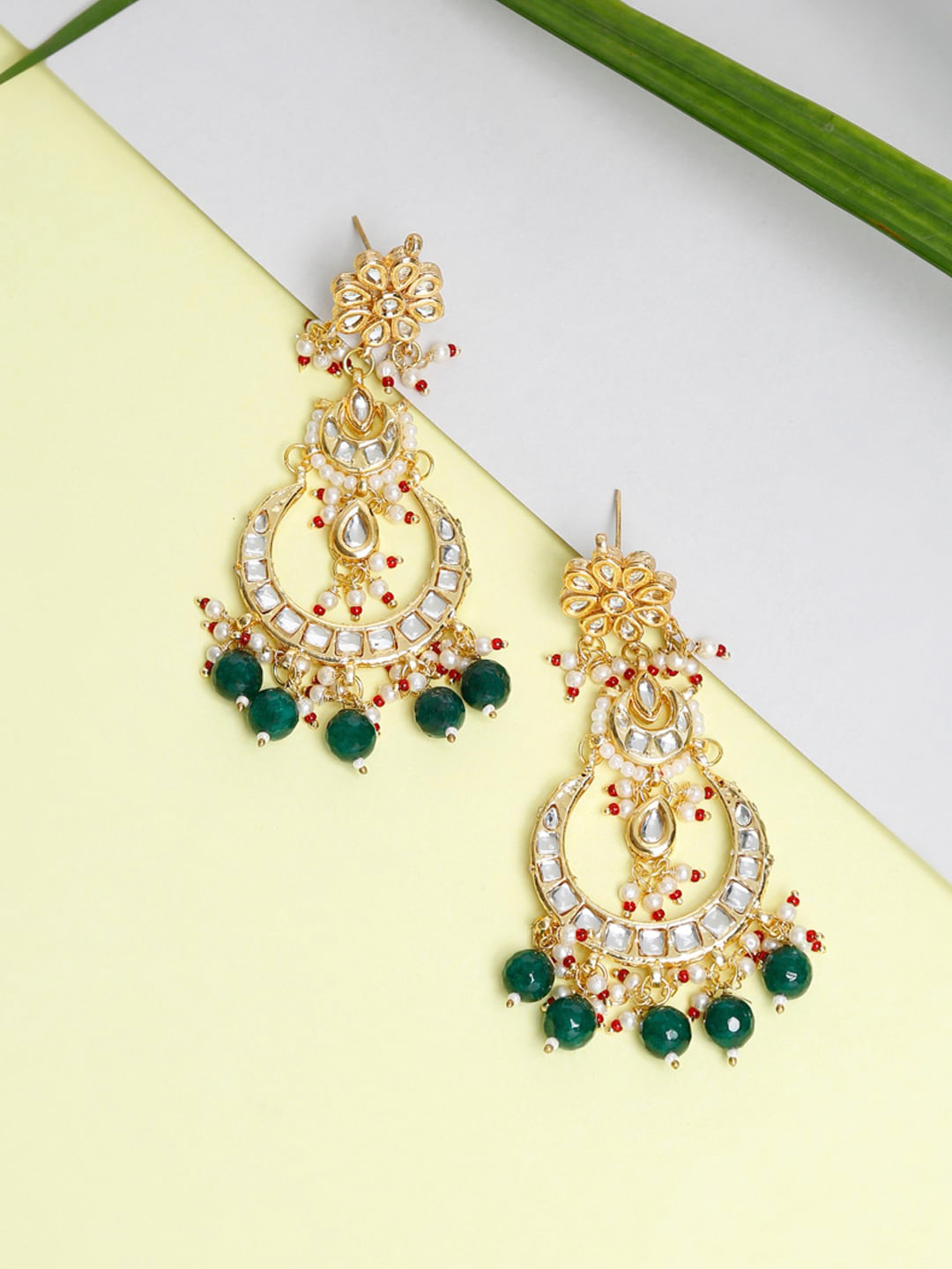 

Ruby Raang Gold-Plated & Green Faux Kundan Studded Handcrafted Contemporary Chandbalis