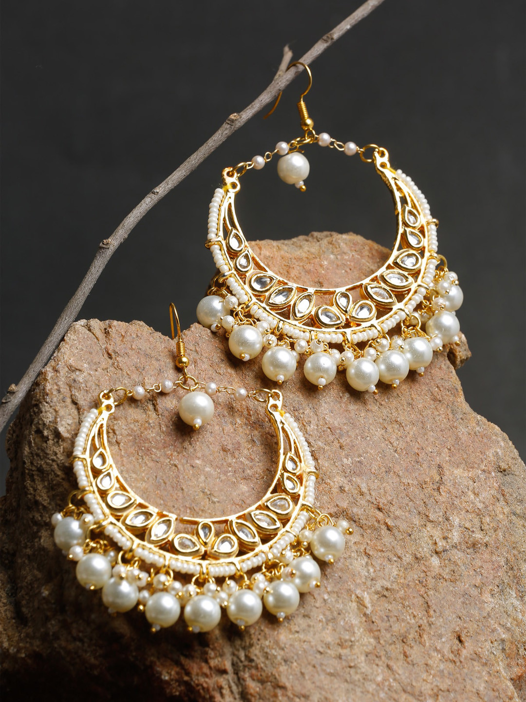 

Ruby Raang Gold-Plated & White Faux Kundan Studded Handcrafted Crescent Shaped Chandbalis