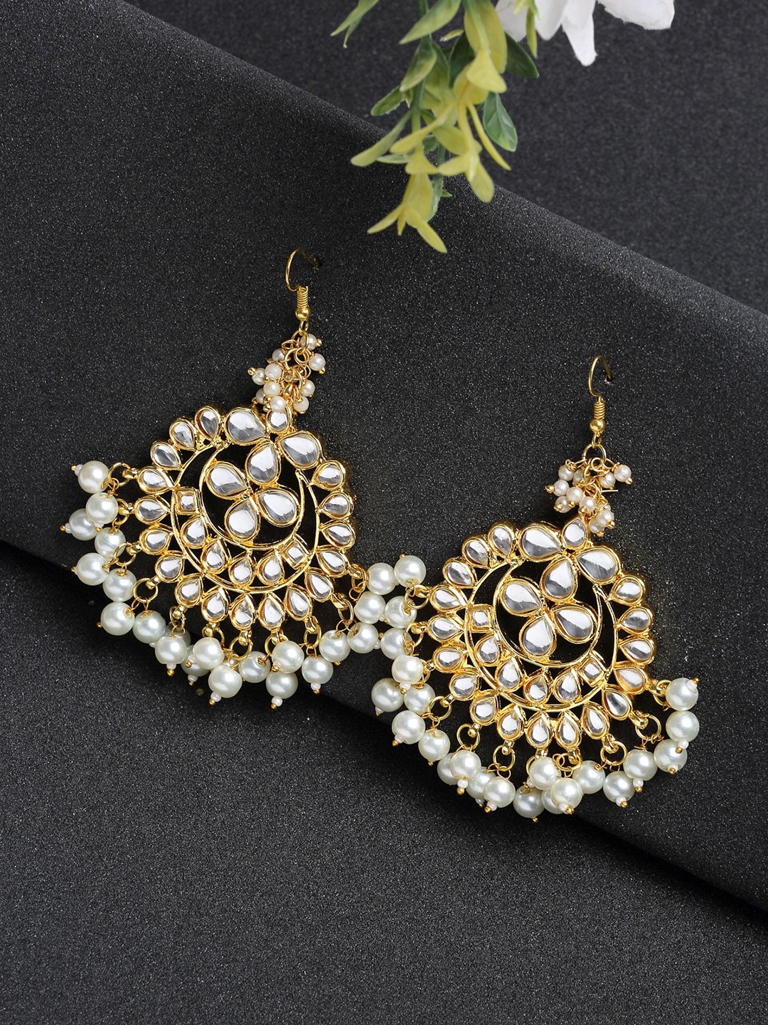 

Ruby Raang Gold-Plated & White Faux Kundan Studded Handcrafted Contemporary Drop Earrings