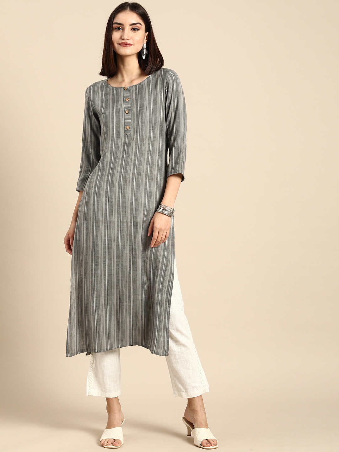 

Anouk Women Grey Striped Kurta