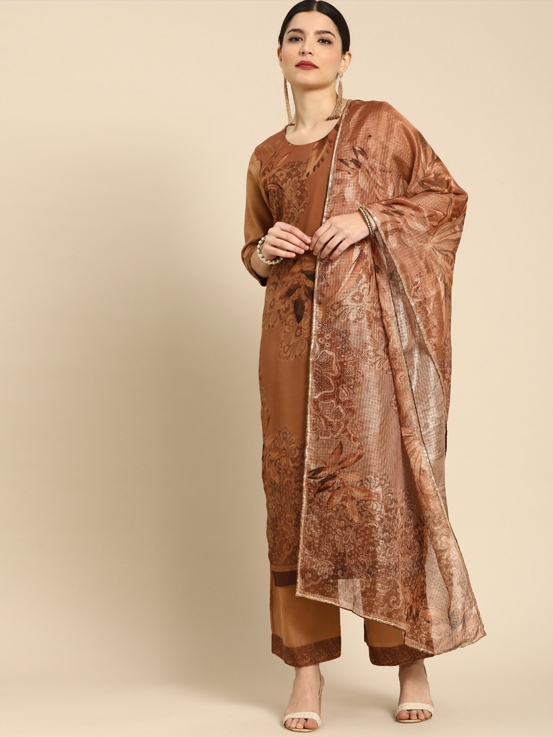 

Anouk Women Brown Floral Printed Regular Kurta with Palazzos & With Dupatta