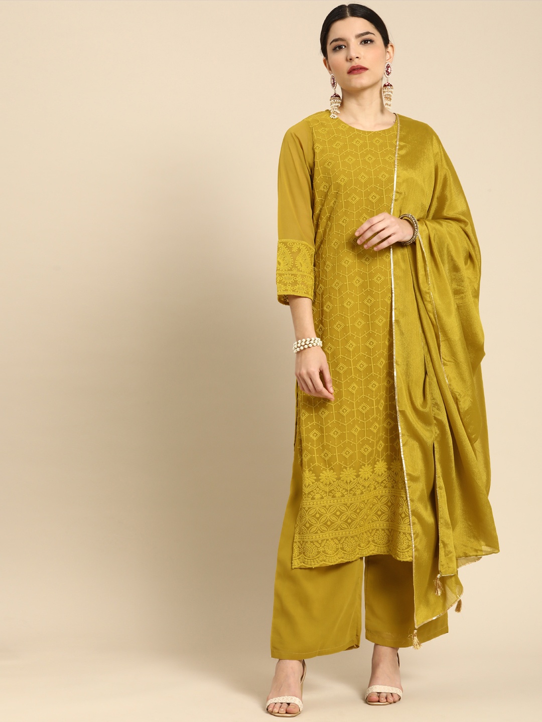 

Anouk Women Mustard Yellow Embroidered Regular Kurta with Palazzos & With Dupatta