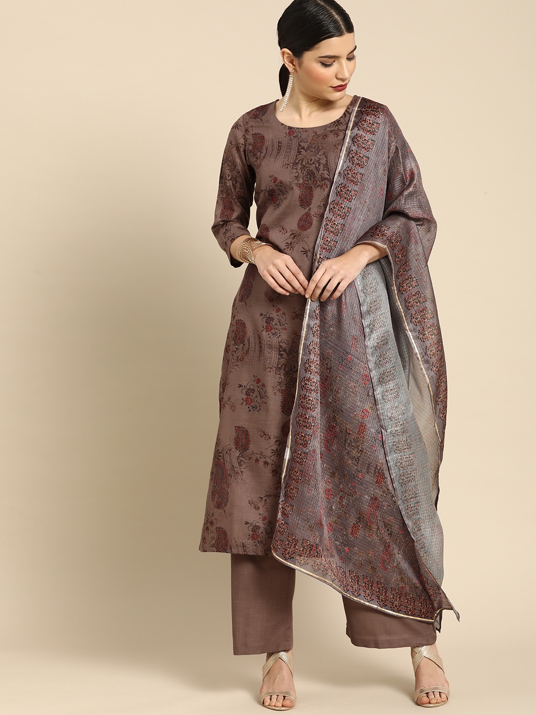 

Anouk Women Brown Ethnic Motifs Printed Regular Kurta with Palazzos & With Dupatta