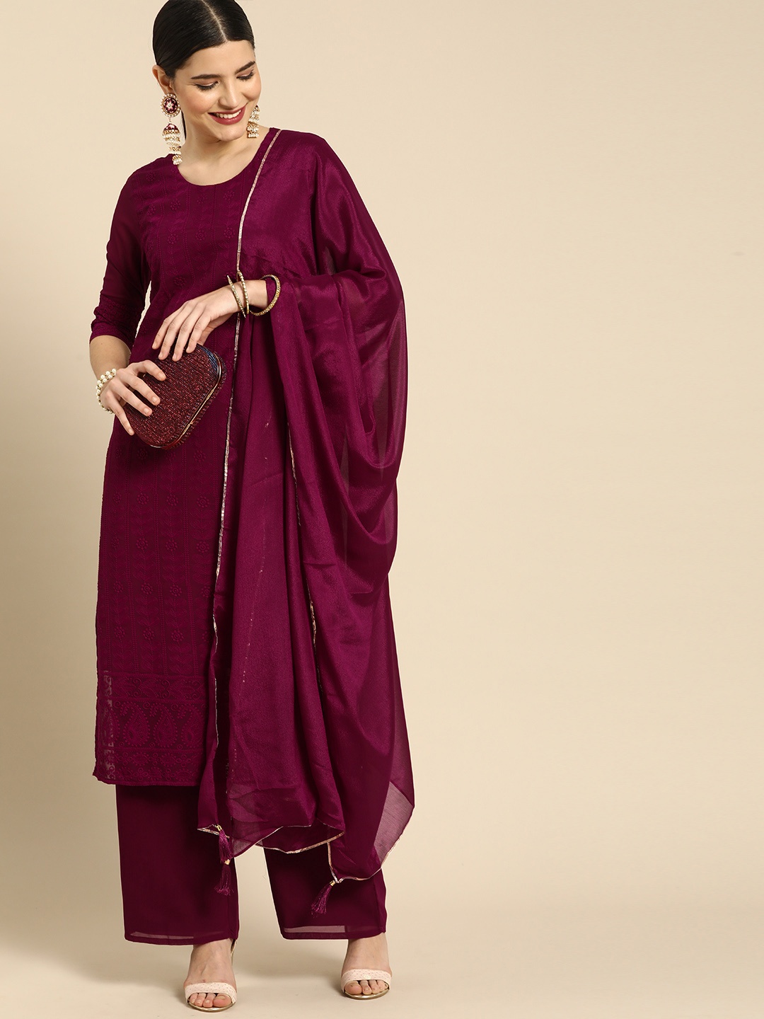 

Anouk Women Magenta Embroidered Regular Chikankari Kurta with Palazzos & With Dupatta