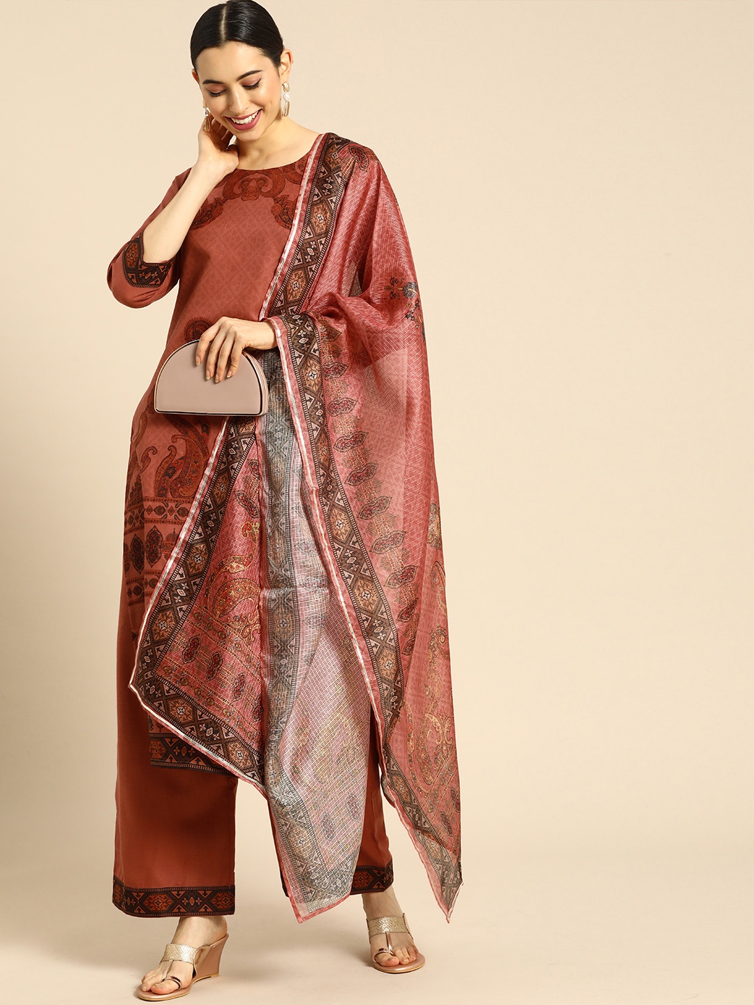 

Anouk Women Taupe Ethnic Motifs Printed Kurta with Palazzos & With Dupatta