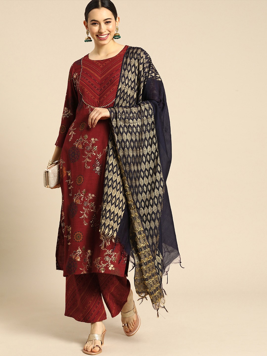 

Anouk Women Red Printed Regular Kurta with Palazzos & With Dupatta
