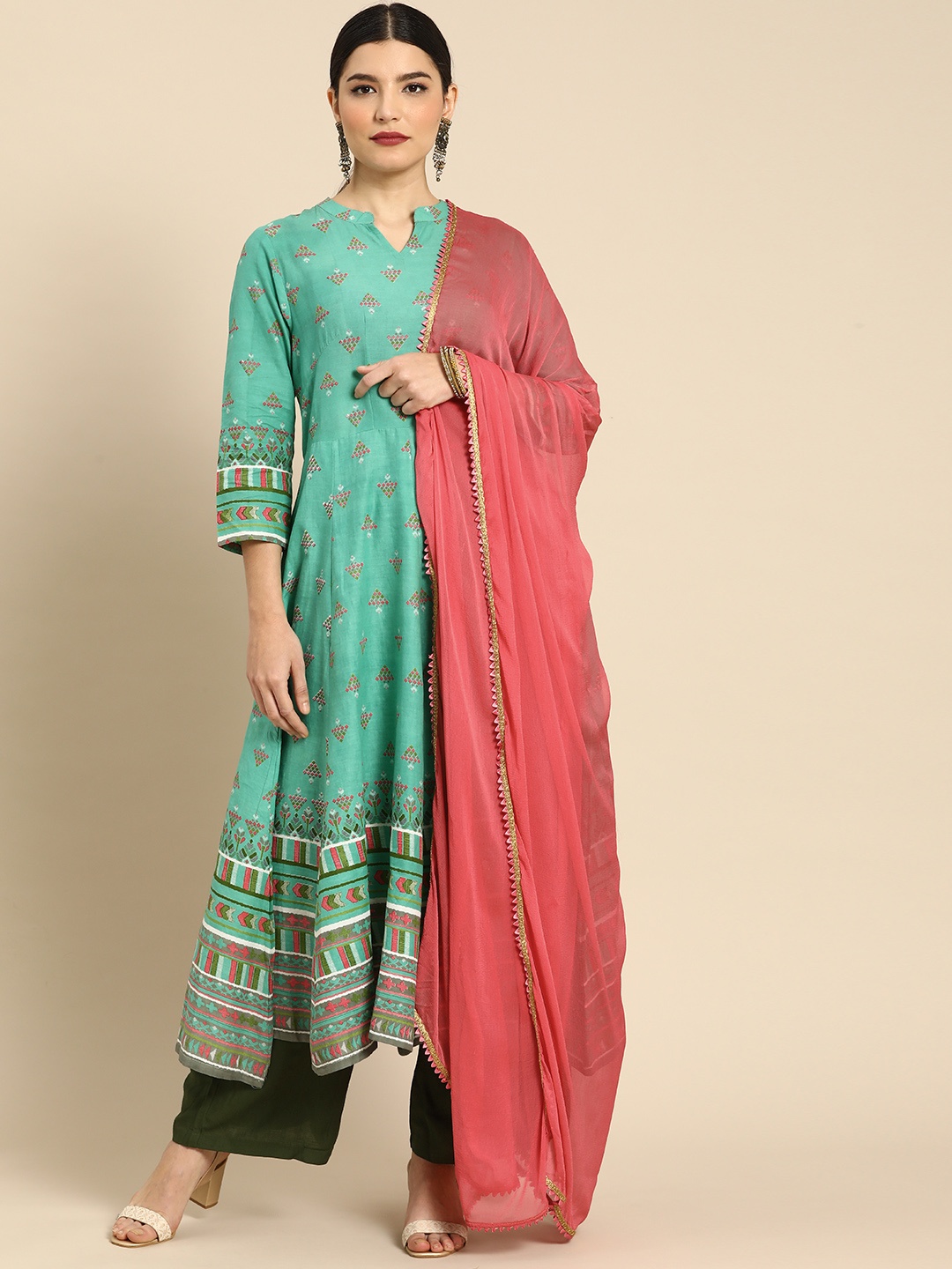 

Anouk Women Green Ethnic Motifs Printed Regular Pure Cotton Kurta with Palazzos & With Dupatta