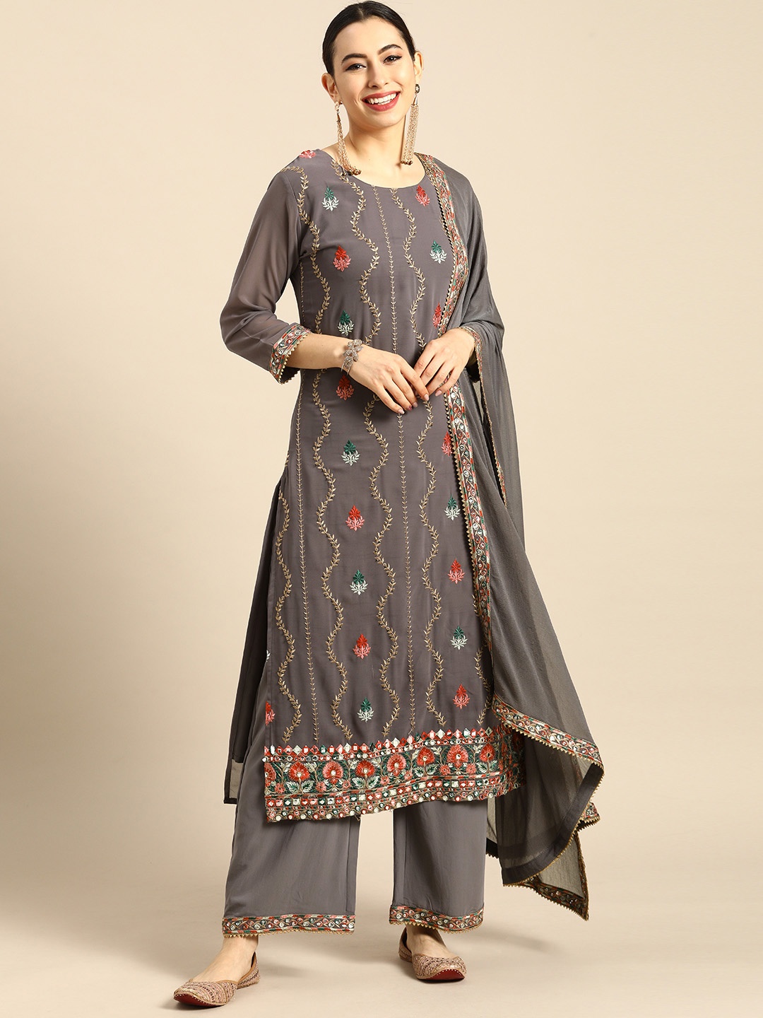 

Anouk Women Grey Ethnic Motifs Embroidered Regular Beads and Stones Kurta with Palazzos & With Dupatta